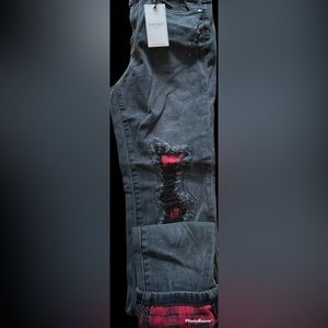 Judy blue Buffalo distressed jeans with plaid patch on charcoal color jeans